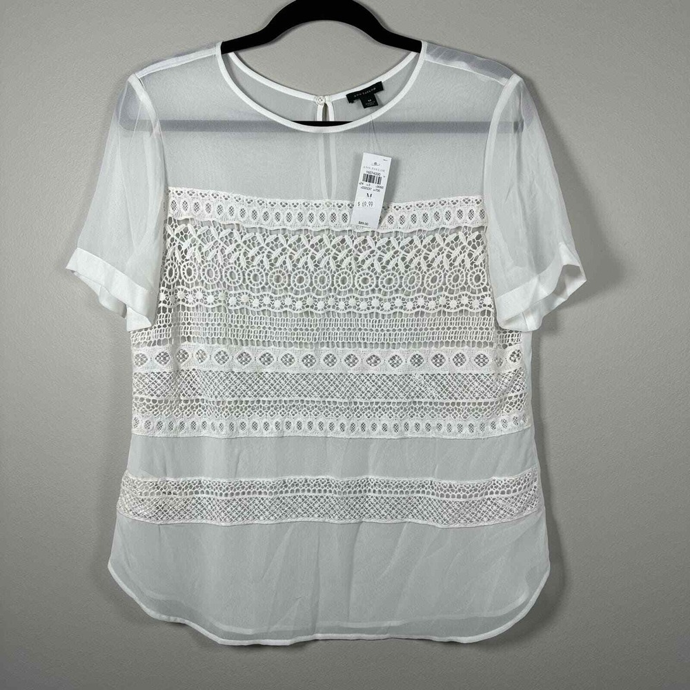 NWT Ann Taylor Medium Blouse White Short Sleeve Crochet Lace Semi-Sheer Boho Top